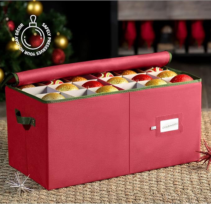 ZOBER Large Christmas Ornament Storage Box - Stores 54 4" Large Ornaments, With Dividers - Ornament Organizer Storage Box, Durable Christmas Containers Holder, Dual Zipper - Red