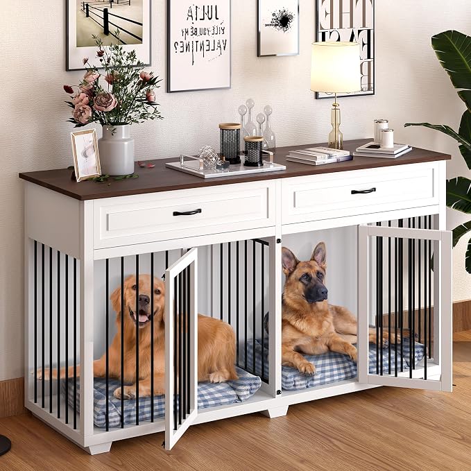 Large Dog Crate Furniture, 72.4" Wooden Dog Crate Kennel with 2 Drawers and Divider, XXL Heavy Duty Dog Crates Cage Furniture for Large Dog or 2 Medium Dogs Indoor, White