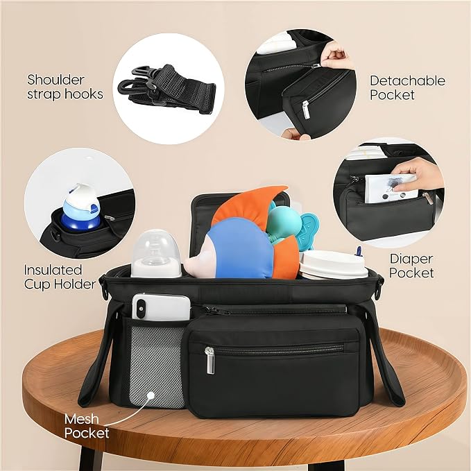 Compact Universal Stroller Organizer: Insulated Cup Holders, Detachable Phone Pouch + Shoulder Strap, Ideal for Parenting Journeys (Pink)