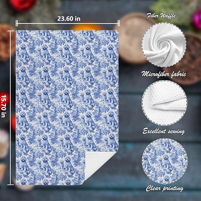 Nipi Chinoiserie Golden Doodle Kitchen Towels Set of 2, Blue and White Botanical Grandmillennial Dog Decorative Dish Tea Towels,Golden Doodle Gifts Hand Towels for Kitchen Bathroom Decor,16x24 Inch
