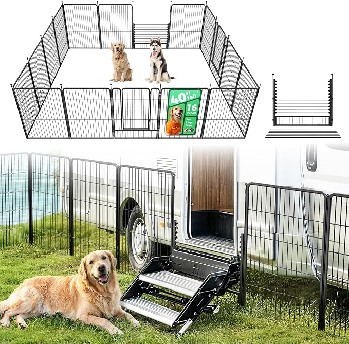 FXW Rollick Dog Playpen with RV Step Grid for RV Camping, 40" H, 16 Panels | Easy Setup & Sturdy, Blocks RV Stair Gaps, Fits RV Steps up to 26"W, For Medium & Large Dogs, Patented