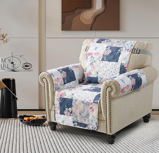 Brilliant Sunshine Vintage Blue & Pink Rose Toile Armchair Cover, 23" seat | Quilted Sofa Cover, Living Room & Bedroom Furniture Protector, Washable Chair Slipcover for Pets, Dogs & Cats