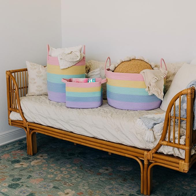 OrganiHaus Rainbow Laundry Basket & Hamper, Nursery Playroom 52L | Rainbow Pastel - Rainbow Cotton Rope Hamper, Nursery 52L