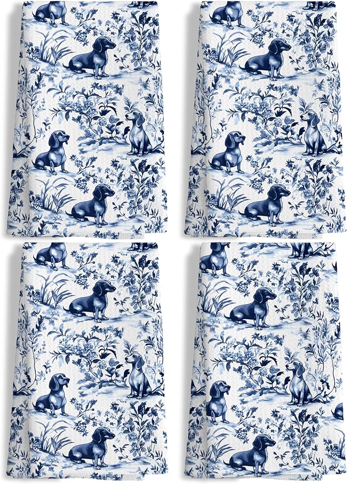 Chinoiserie Dachshund Kitchen Towels Set of 4,Blue and White Floral Botanical Dachshund Decorative Dish Tea Towels, Grandmillennial Weiner Dog Hand Towels for Kitchen Bathroom, 16x24 Inch