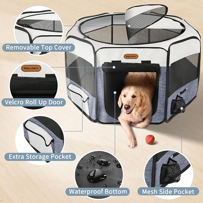 Seiyierr Dog Playpen, Portable Pet Play Pen Foldable Carrying Case, Puppy Pens Outsid for Small Cat Indoor/Outdoor, Removable Mesh Shade Cover
