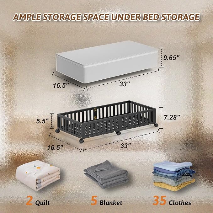 2 Pack Large Bamboo Under Bed Storage Containers with Wheels, Black | Underbed Drawer Storage with Bag, Wood Rolling Underbed Organizer for Shoes, Sheets Clothes Blanket Comforter, Under Crib Toy