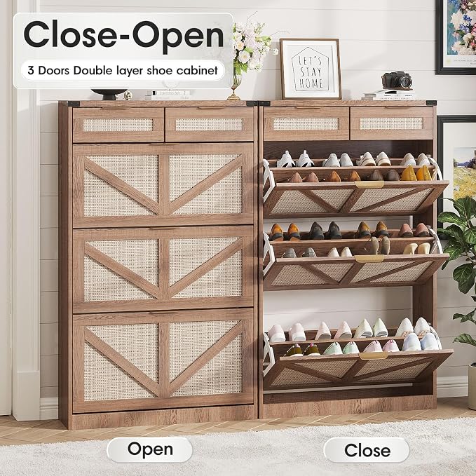 Halitaa Shoe Cabinet with 3 Flip Drawers & 2 Drawers,Freestanding Shoe Storage Cabinet for Entryway,Farmhouse Narrow Slim Organizer Rack for Foyer,Hallway,Rustic Oak Rattan