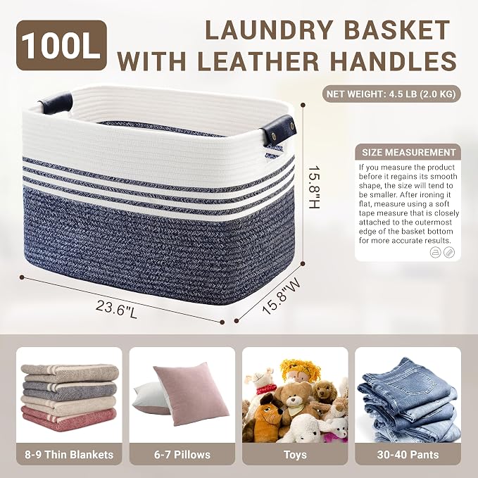 100L Woven Laundry Basket Hamper with Leather Handles,Denim Blue | collapsible wicker hamper, storage for dirty clothes, toys, blankets, gifts, living room, bedroom, bathroom, 24"x16"x16"