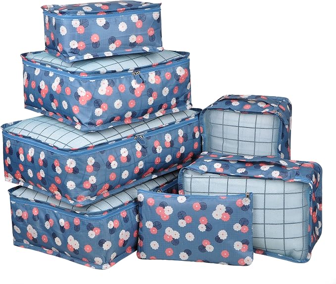 Vercord 7 Set Travel Packing Organizers Cubes Luggage Suitcase Organizer Bags Clothes Underwear Cube Shoe Pouch Pack Blue Flower