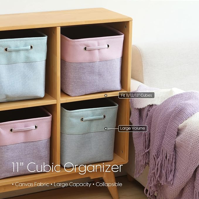 Sea Team Open-Top Canvas Storage Cubes with Handles, 11-Inch, 3-Pack | Collapsible Storage Bins, Fabric Baskets, Closet Shelf Organizers for Home and Office, Lavender & Orchid