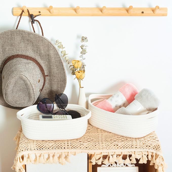 5-Piece Small Decorative Woven Storage Baskets Set for Shelves, Bathroom, Pantry and Nightstand Organizer, Catch All Tray for Organizing Gifts, Dog and Cat Toys, Creamy White