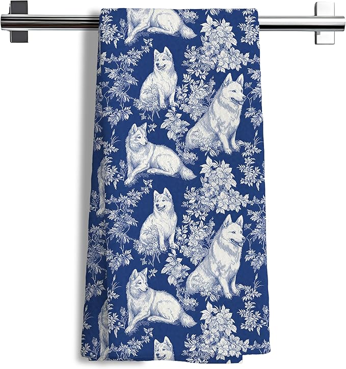 Chinoiserie Siberian Husky Kitchen Towels,Siberian Husky Dog Gifts Decorative Dish Tea Towels,Blue and White Grandmillennial Botanical Dog Floral Hand Towels for Kitchen Bathroom, 16x24 Inch