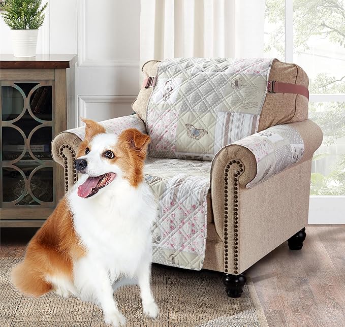Brilliant Sunshine Grey Cupid & Pink Roses Couch Armchair Cover, 23" seat | Quilted Sofa Cover, Living Room & Bedroom Furniture Protector, Washable Chair Slipcover for Pets, Dogs & Cats