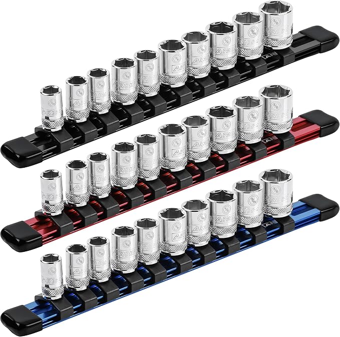 ARES 60077 1/4-In Multi-Color Socket Rail 9.84-In | Part No. 60077; Includes Red, Blue, and Black Rails; Each Aluminum Rail Stores up to 10 Sockets
