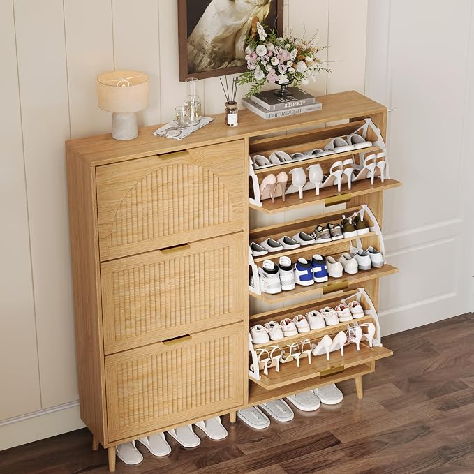 Shoe Storage Cabinet with 6 Flip Drawers, Narrow Wood Shoe Organizer Cabinet with Fluted Panel, Slim Shoe Rack for Entryway, Freestanding Shoe Cabinet for Living Room, Hallway, Wood Color