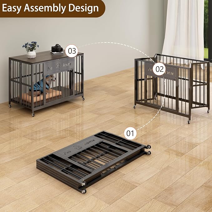 31.5" Foldable Dog Crate Furniture, Muyi Gray, Small Medium Dogs | Wooden Construction, RGB Ceiling Lights, Silent Casters, Multi-Purpose End Table TV Stand