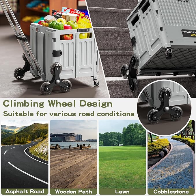 Stairs Climbing Shopping Cart, with 360° Swivel Wheels, Collapsible Wheeled Crate with Lid, Swivel and Glide Rolling Crate with Handle for Easy Transport and Versatile Use-Gray