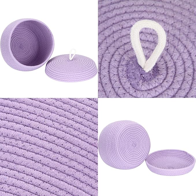 Sea Team Round Woven Cotton Rope Storage Basket with Lid, Lavender | Lidded Knitted Decorative Storage Bin, Pot, Caddy, Organizer, Container for Snacks, Towels, Plants, 10 x 7.5 Inches