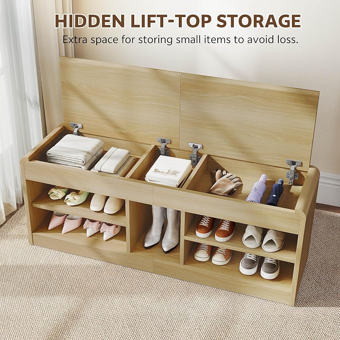 Shoe Storage Bench with Flip-Open Box & Shelf, Natural | 47.2in Bench Fits Hallways, Bedrooms And Living Room, With Sturdy Wood Construction For Daily Use
