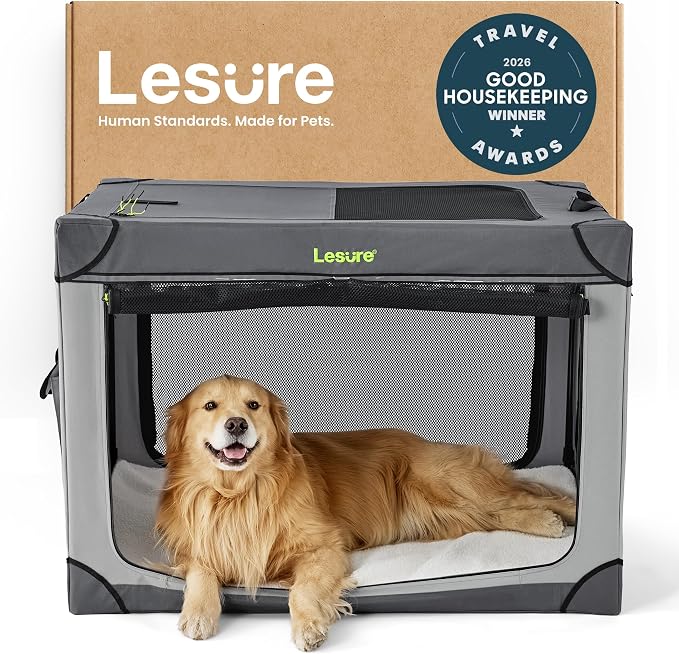 Lesure Shown on Today Show Soft Collapsible XL Dog Crate, 42in Grey | Portable Travel Camping Pet Kennel, 4-door, Indoor Outdoor Use, Easy to Set Up and Fold, For Extra Large Breeds Up to 90 lbs