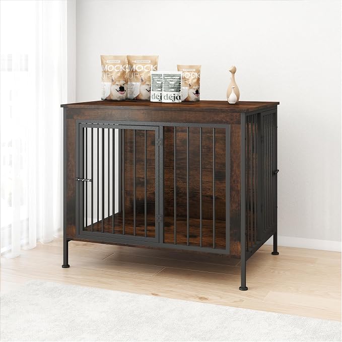 32" Dog Crate Furniture, Decorative Dog Kennels for Medium Dogs, Dark Brown | Thick wood, heavy-duty steel, 2-door escape-proof locks, waterproof scratch-resistant, extra-large, stylish, easy assembly