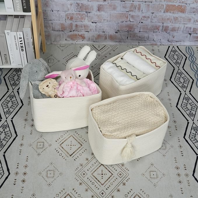 XUANGUO Woven Cotton Rope Storage Baskets 15x10x9.3" 3 Pack White | Decorative rectangular storage baskets for shelves and closets; storage bins organize clothes, toys, books and nursery items.