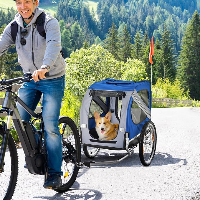 Aosom Dog Bike Trailer Easy Folding Cart Frame 20" Wheels | Pet Wagon Bicycle Trailer, Large Rubber Wheels, 3 Entrances, Mesh Screen, Off-Road and Travel