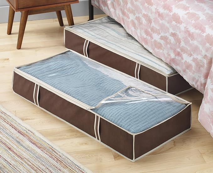 Whitmor Under Bed Storage Bags 2 Pack, Zippered Underbed Storage Containers with Clear Window and Handles, Foldable Clothes Blanket Storage Organizer, 18 x 42 x 6 Inches, Java
