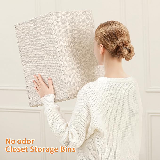 linen closet organizers and storage, Large Storage Baskets, washable, clothes organizer with handle, sweater organizer for closet (Beige, 15¾"x11¾ x9¾)