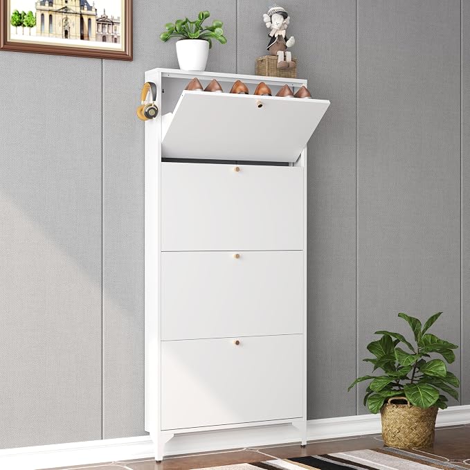Shoe Cabinet with 4 Flip Drawers, Narrow Shoe Storage Cabinet, Farmhouse Shoe Organizer, Freestanding Organizer with Metal Legs for Entryway, Foyer (White, 4 Door)