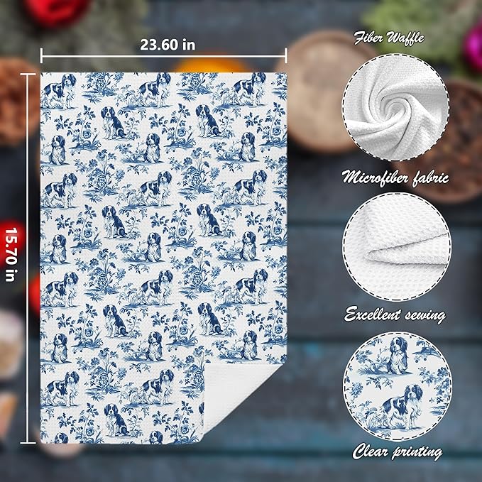 Chinoiserie Cavalier King Charles Spaniel Kitchen Towels Set of 2,Blue and White Floral Cavalier Spaniel Decorative Hand Towels,Grandmillennial Dog Hand Towels for Kitchen Bathroom,16x24 Inch