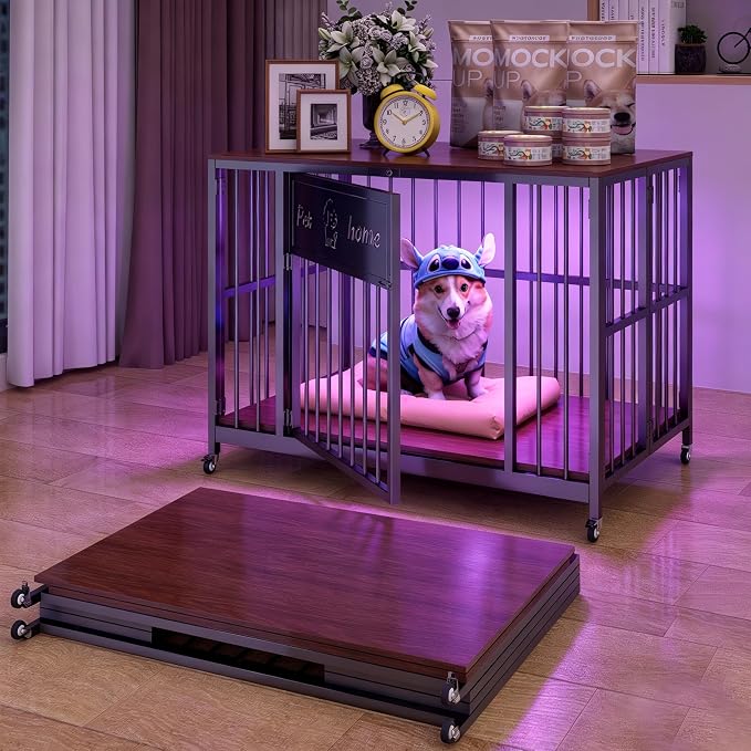 39" Foldable Dog Crate Furniture for Medium Dogs, Walnut | Wooden Construction, RGB Ceiling Lights, Silent Casters, Tabletop as End Table TV Stand