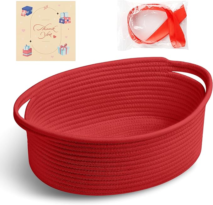 Bufims Small Woven Red Gifts Basket for Storage Empty with Ribbons and Bags Durable Cute Gifts 12"X 8" X 5" Small Rope Basket for Gifting