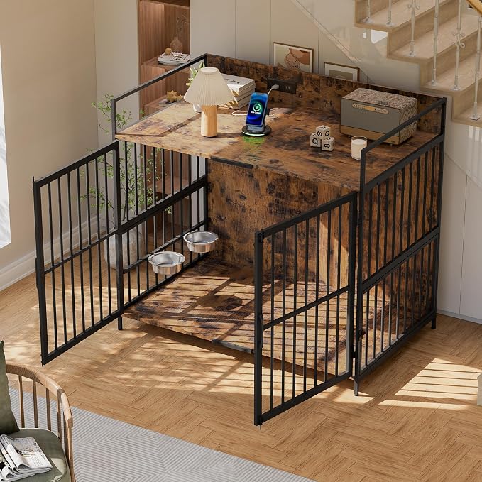 XL Dog Crate Furniture, 48" Large Wooden Dog Cage House with Adjustable Dog Bowls, Indoor Decorative Dog Kennel with Double Doors, Charging Station, Brown (48" L x 29.9" W x 42.9" H)