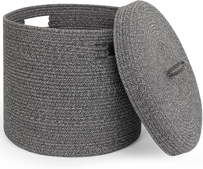 Storage Basket with Lid, Woven Blanket Storage for Living Room, Cute Cotton Rope Bin with Lid, Round Wicker Laundry Basket with Cover, Decorative Kid Dog Toy Box, Nursery Organizer, 15"x13"