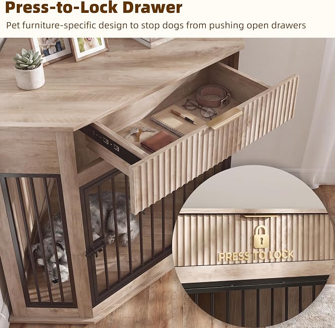 44.6" Corner Dog Crate Furniture for Small Medium Dogs, Modern Medium Size Decorative Dog Crates End Table with Fluted Drawer, Wooden Dogs Cage Kennel Furniture for Home Décor, Grey Oak