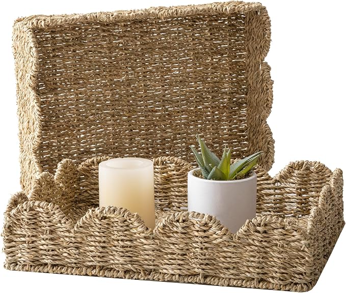 StorageWorks Wicker Scalloped Basket, Large Bathroom Baskets for Organizing | Seagrass Wicker Storage Baskets for Shelves, Handwoven Rectangle Trays for Decor, Shallow Wicker Tray for Ottoman, 2-Pack