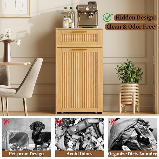 13 Gallons Pull Out Trash Can Cabinet, Hidden Trash Can, Natural Oak | Fluted Kitchen Trash Cabinet with Drawer, Freestanding Garbage Pet Proof Trash Can Holder for Laundry, Living Room