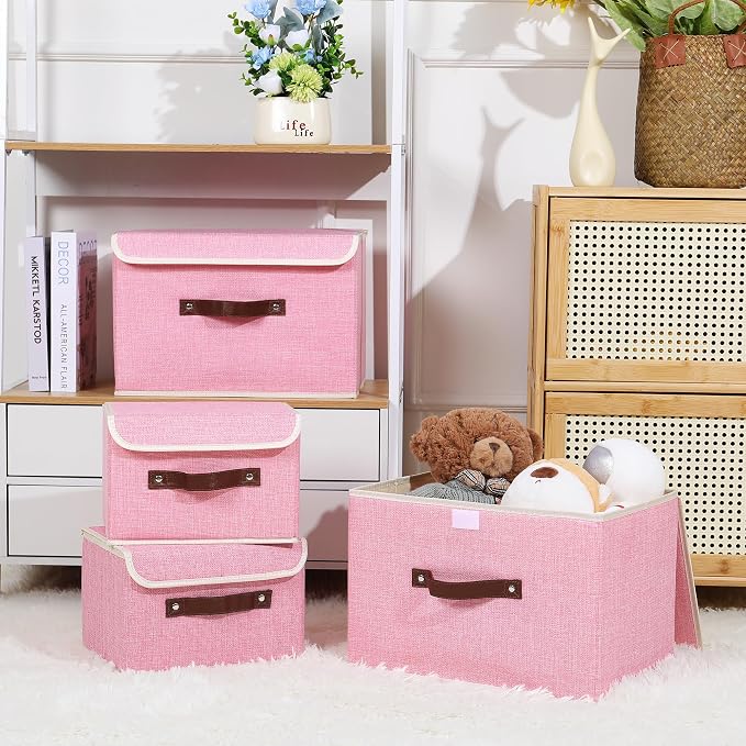 ANMINY Fabric Storage Box Bins with Lids, Pink, 15"x10"x10", 2 Pack | Keepsake Memory Storage, Cotton Linen, PP Board Reinforced, Washable, PU Handles, Foldable & Stackable, Decorative, Large
