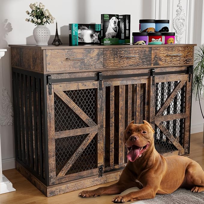 Spacesea Large Dog Crate Furniture with Sliding Barn Door, 48" Wooden Dog Kennel Indoor End Side Table for Home Decor, Removable Divider, 3 Drawers, Furniture Style Dog Crate TV Stand