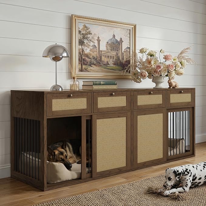PureCozy 2-Piece Double Dog Crate Furniture, 80 Inch, Dark Oak | Left and right kennels for 2 dogs with metal sliding doors, cane cabinets and 4 drawers; furniture-style indoor console.