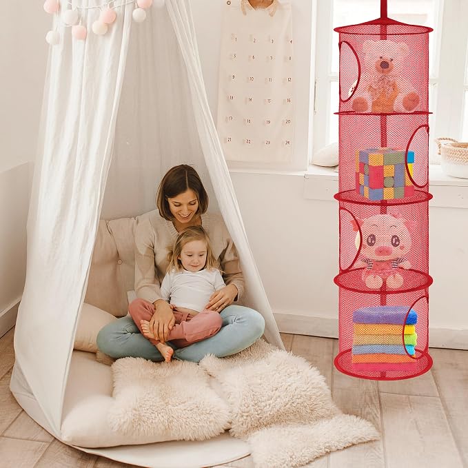 2Pcs Hanging Stuffed Animal Storage Hammock 4 Tiers, Red | Hanging Mesh Storage Organizer for Kids Room, Holds Plushies, Gloves, Hats, Socks, Foldable Space-saving Design