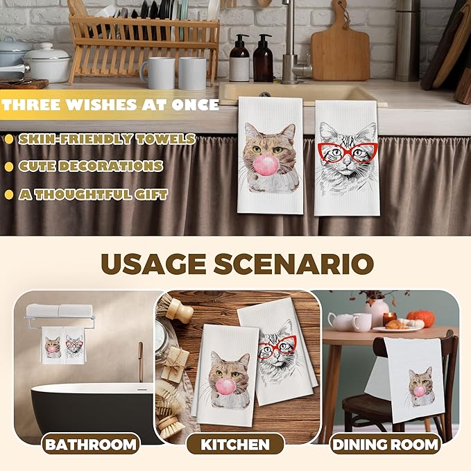 Kitchen Towels Set Of 2, Bubble Cat Dish Towel For Kitchen, Funny Glasses Kitten Decorative Hand Towels For Bathroom, Fast Drying Tea Towel, Housewarming Xmas Gifts For Cat Lover Women Mom -B10