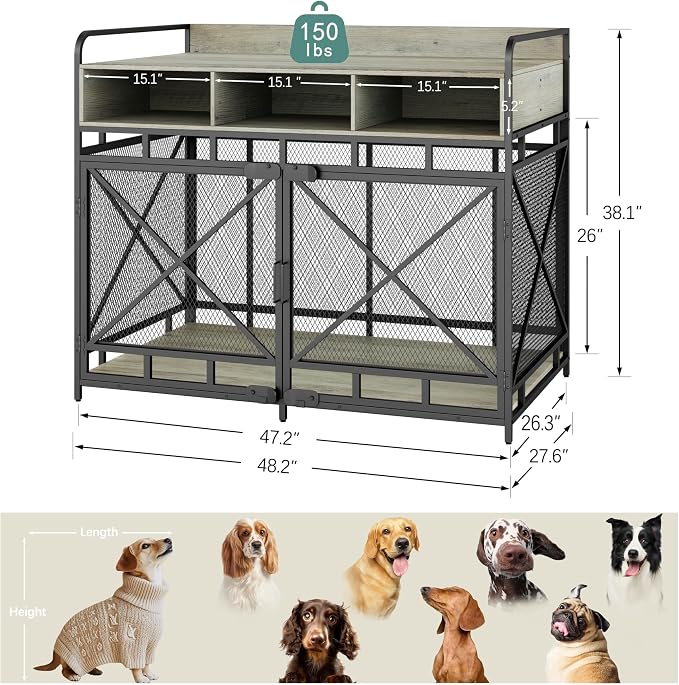 Fulhope Dog Crate Furniture, 48" Heavy Duty Wooden Dog Crate End Table, XL Dog Kennel Furniture Large Breed, Decorative Dog Kennel Indoor with 3 Drawers & Steel Tubes 48" L x28 W x38 H (Grey)