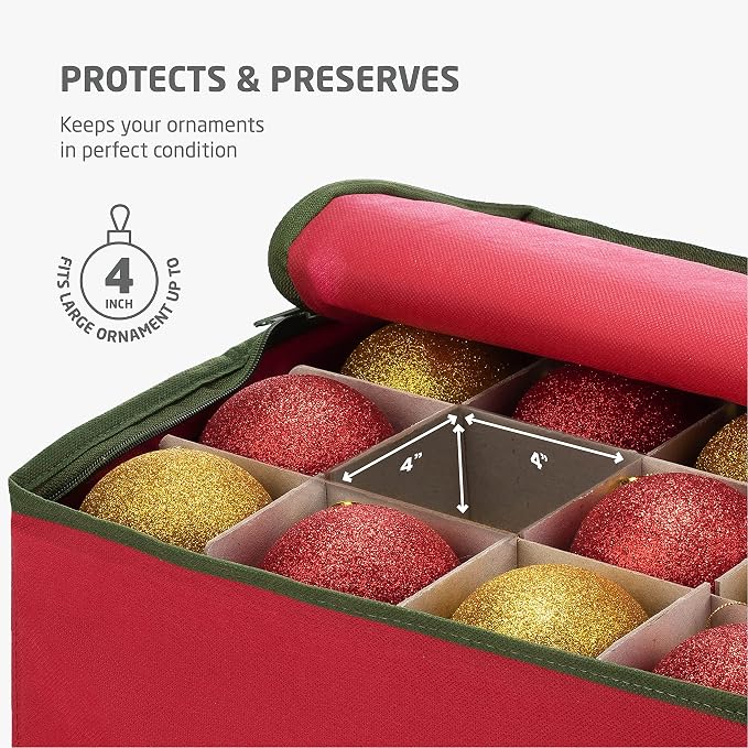 ZOBER Large Christmas Ornament Storage Box - Stores 54 4" Large Ornaments, With Dividers - Ornament Organizer Storage Box, Durable Christmas Containers Holder, Dual Zipper - Red