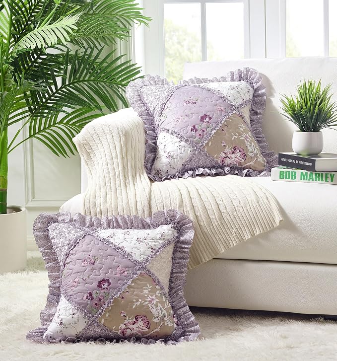 Brilliant Sunshine Lilac & Beige Roses Ruffle Pillowshams Set, 18"x18" | Patchwork Design with Ruffles, Quilted Pillow Covers, Washable Throw Cushion Cases for Couchs and Beds, Pack of 2