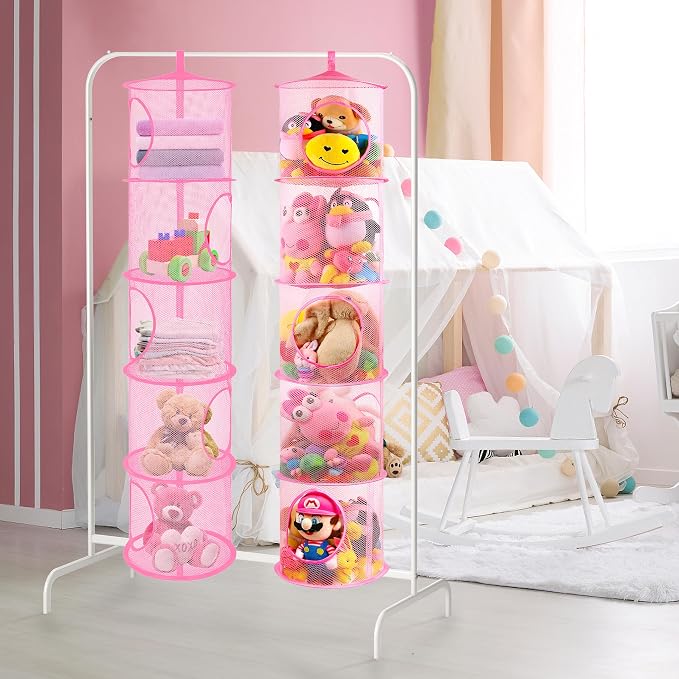 2Pcs Hanging Stuffed Animal Storage Hammock Net 5 Tiers, Pink | Hanging Mesh Storage Organizer for Kids Room, Holds Plushies, Gloves, Hats, Socks, Foldable Space-saving Design