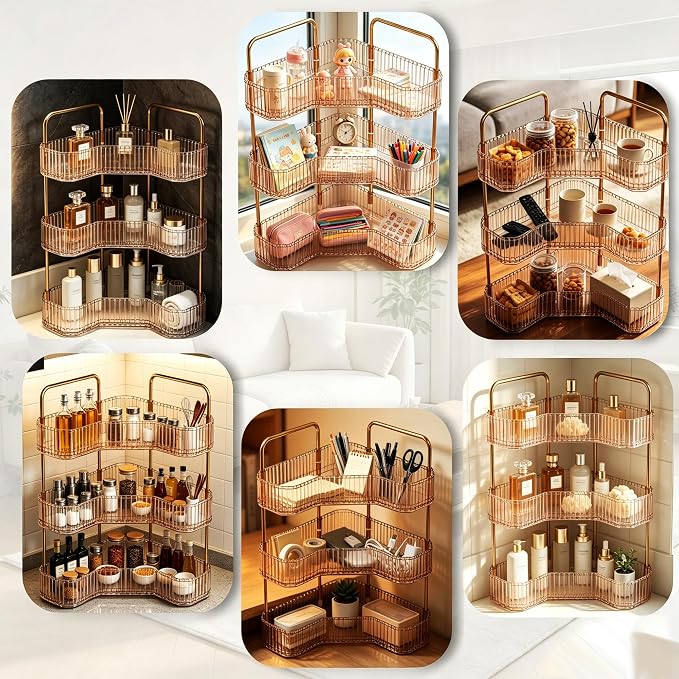 3-Tier Corner Bathroom Organizer, Skincare Vanity Counter Shelf Orange | Premium PET Perfume Display Stand with Gold Metal Rods, Space-Saving 90 Degree Storage Rack for Dresser