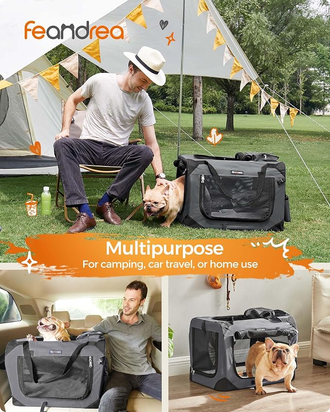 Feandrea Collapsible Soft Dog Crate, Portable Travel, 24 Inches | Dog Carrier Kennel with Safety Zippers for Living Room, Car, Travelling, Gray UPDC60GY