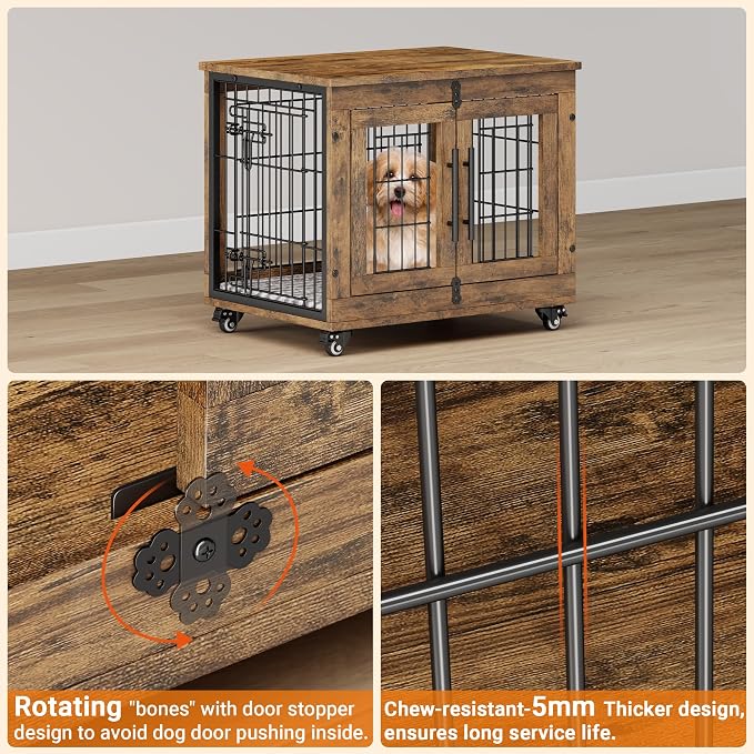 2 Pack Dog Crate Furniture, 27.1'' Heavy Duty Kennel with Cushion & Wheels | Rustic Brown, Double Doors, Wooden Dog Cage, Chew-Resistant, End Table, Decorative, 27"/32"/38"/44" Options, Indoor